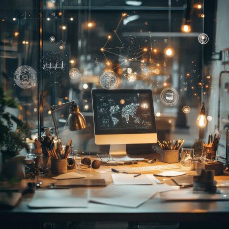 A modern workspace with a desk full of creative tools, with holographic elements and symbols of innovation and new ideas floating above.の素材