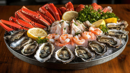 Fresh seafood platter with oysters, shrimp, and crab legs on ice, garnished with lemon slices and herbs, rustic wooden backgroundの素材