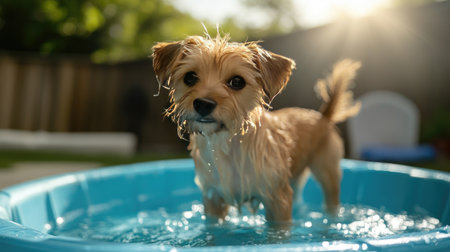 Small terrier standing in a kiddie pool, water up to its chest, wagging tail, bright sunny day outdoorsの素材