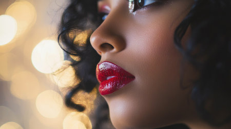 Stunning close-up of a woman's face with beautiful makeup, highlighting her lips and eyes, soft focus and elegant backdrop enhancing her allureの素材