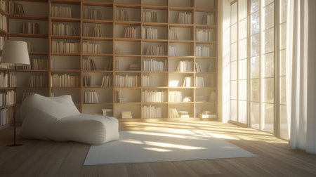 Minimalist living room showcasing a simple bookshelf filled with curated decor, bright and clean space with a focus on functionalityの素材