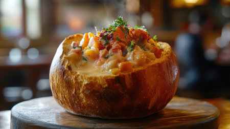 Seafood chowder in a bread bowl, creamy and steaming, garnished with herbs, rustic setting, comforting and warmの素材
