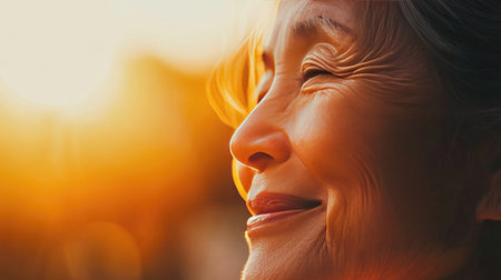 Side view of a woman's face, aged skin with soft lines, natural beauty, gentle smile, warm and inviting atmosphereの素材