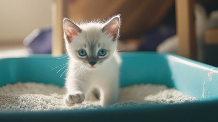 White kitten exploring a fresh litter box, paws slightly raised, sniffing around, cozy and bright indoor settingの素材