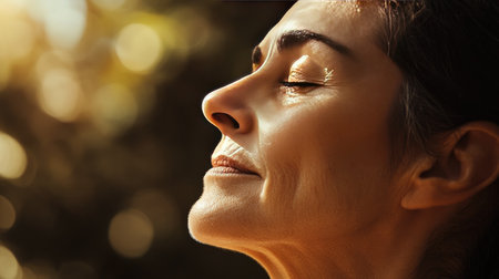 Mature woman's face in profile, detailed skin texture and lines, soft natural light, warm and inviting lookの素材