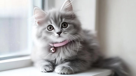 Fluffy gray cat wearing a cute pink collar with a bell, sitting on a windowsill, looking outside, soft natural lightの素材