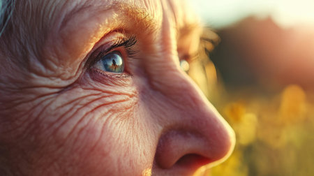 Wrinkles around the eyes and mouth of a mature woman, glowing skin, close-up shot, natural and graceful lookの素材