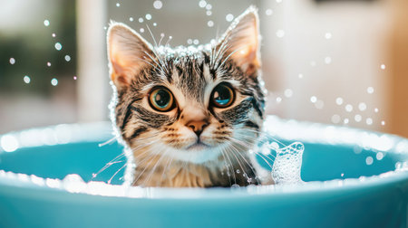 Short-haired cat in a blue basin, wet and shiny fur, tiny soap bubbles clinging to its whiskersの素材