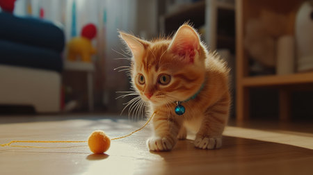 Orange cat with a bell collar, playing with a string on the floor, eyes wide with excitement, playful indoor sceneの素材