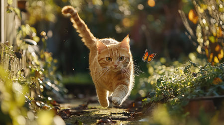 Orange cat sprinting across a garden, tail swishing, focused gaze on a butterfly, bright sunny dayの素材