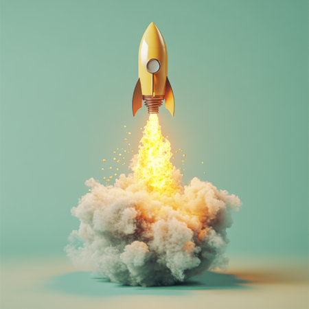 A glowing yellow lightbulb rocket blasting off with fire smoke, representing the launch of new business ideas, innovation, and learning on a light green background.の素材
