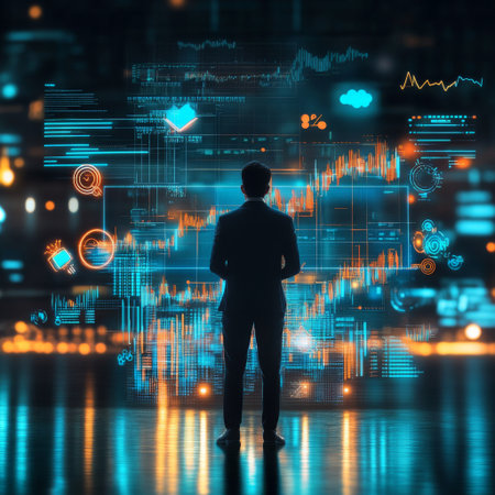 A professional standing in front of a glowing financial growth chart, with symbols of technology such as AI icons and cloud servers in the background.の素材