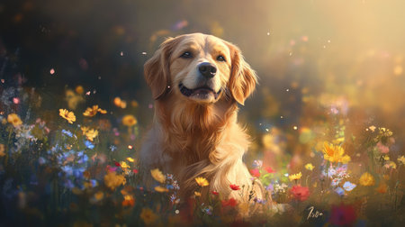 An artistic shot of a cute dog with floppy ears, sitting in a field of wildflowers, with a soft-focus background that accentuates its charm and innocence.の素材