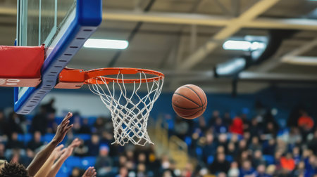 An action-packed shot of a player making a slam dunk during a game, with the ball in mid-air, the hoop in focus, and a cheering crowd in the background.の素材