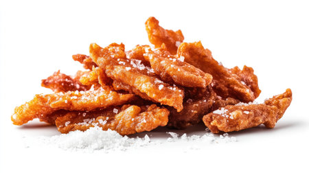 An artistic image of a pile of freshly fried  with a sprinkle of sea salt, set against a pure white background, highlighting the texture and color.の素材