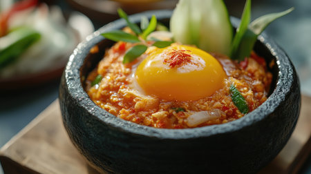 An artistic close-up of a perfectly cooked  with the yolk still runny, served in a traditional Thai pan, with a focus on the texture and rich colors.の素材