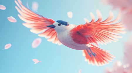 An artistic image of a bird soaring against a clear blue sky, with a focus on the intricate details of its feathers and the sense of freedom in flight.の素材