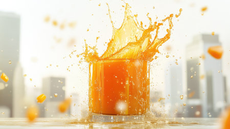 An artistic image of a pitcher of  pouring into a glass, with droplets of juice splashing and the vibrant orange color standing out against a clean, white background.の素材