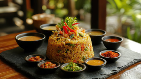 An artistic presentation of curry fried rice on a slate platter, surrounded by small bowls of accompanying sauces and condiments, perfect for a gourmet touch.の素材