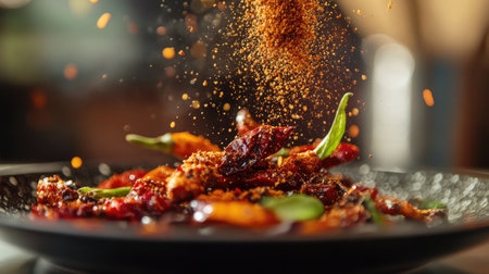 An artistic shot of chili powder being sprinkled onto a plate of food, with a focus on the fine texture and the visual impact of the spice on the dish.の素材