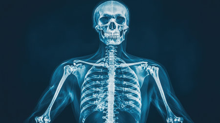 An artistic view of a full-body X-ray image with a focus on the skeletal system, capturing the entire human skeleton in a detailed and informative manner.の素材
