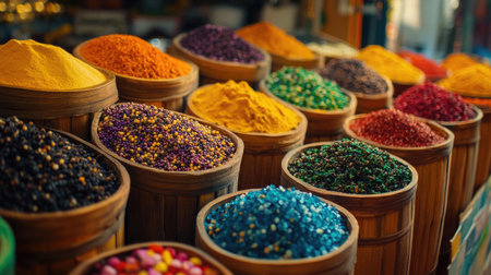 An artistic shot of a colorful Indian spice market with a variety of spices in open containers, showcasing the rich and diverse flavors used in Indian cooking.の素材