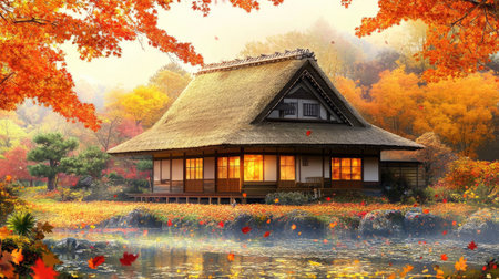 An artistic view of a Japanese-style house during autumn, with colorful maple leaves falling around the property and a traditional thatched roof blending with the natural scenery.の素材