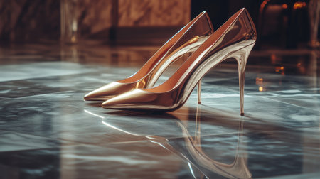 An artistic shot of a pair of luxury designer pumps on a polished marble floor, with dramatic lighting and a sophisticated backdrop.の素材