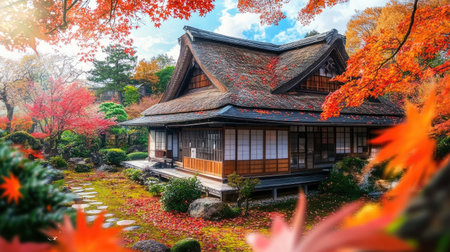 An artistic view of a Japanese-style house during autumn, with colorful maple leaves falling around the property and a traditional thatched roof blending with the natural scenery.の素材