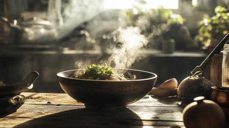 An artistic shot of a steaming bowl of  placed on a rustic wooden table, with a background of Thai kitchen utensils and ingredients for a cozy, authentic feel.の素材