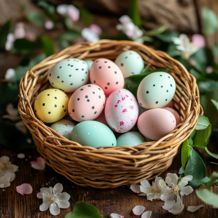 A rustic, handwoven basket filled with vibrant Easter eggs, resting on a wooden table surrounded by soft spring petals and greenery.の素材