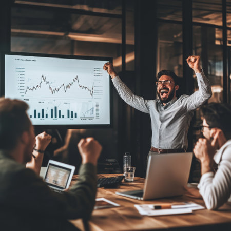 A team of investors celebrating success in a conference room, with charts showing positive economic growth displayed on a screen.の素材