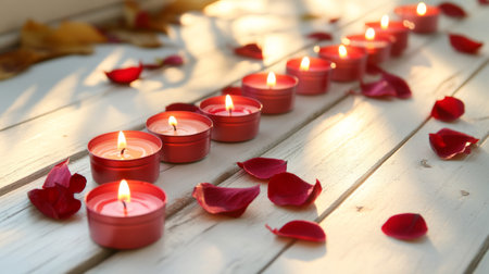 A romantic setting with red candles arranged on a white wooden table, casting a soft glow for a cozy, intimate atmosphere perfect for love and romance.の素材