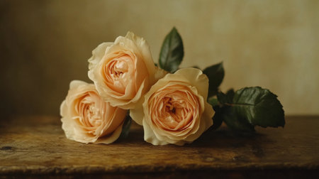 A soft, romantic image of rose flowers on a wooden table, captured in the studio, with delicate lighting highlighting their textures and colors.の素材