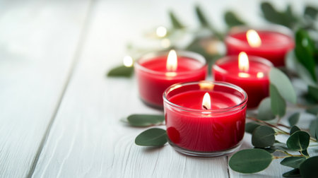 A romantic scene featuring red candles placed on a white wooden table, creating a calming and intimate atmosphere for love and special occasions.の素材