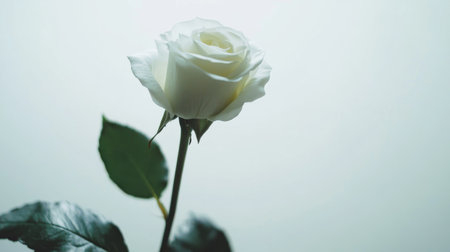A single white rose isolated on a white background, symbolizing purity and elegance in a clean and soft studio shot.の素材