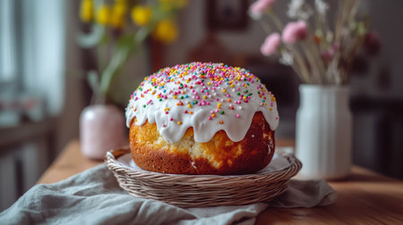A traditional Easter Kulich cake adorned with white icing, vibrant sprinkles, and willow branches set in a decorative basket with a cozy spring vibe.の素材