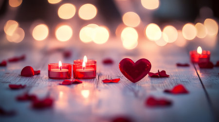 A romantic scene featuring red candles placed on a white wooden table, creating a calming and intimate atmosphere for love and special occasions.の素材