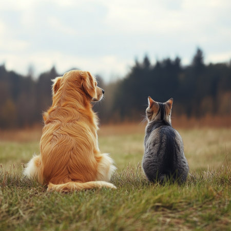 A serene moment of a golden retriever and a British Shorthair cat gazing together at the horizon while sitting on a grassy meadow.の素材