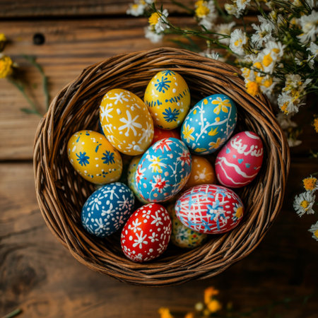 A top-down view of a basket filled with colorful hand-painted Easter eggs, placed on a wooden table with subtle floral accents surrounding it.の素材