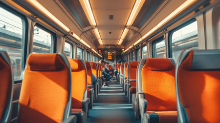 An interior view of a high-speed train cabin, showing rows of comfortable seats, large windows, and passengers relaxing during the journey.の素材