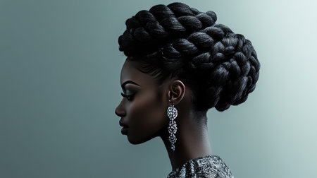 An elegant image of a woman with an intricate updo hairstyle, featuring braided sections and delicate accessories, perfect for a formal event or wedding.の素材