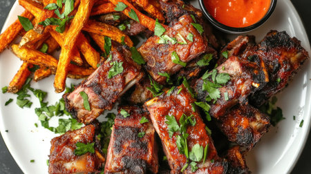 An overhead view of a plate of tender, fall-off-the-bone pork ribs, garnished with fresh herbs and served with a side of sweet potato fries and dipping sauce.の素材