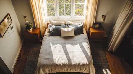 An overhead view of a neatly arranged bedroom with a neatly made bed, stylish nightstands, and a window with natural light streaming in.の素材