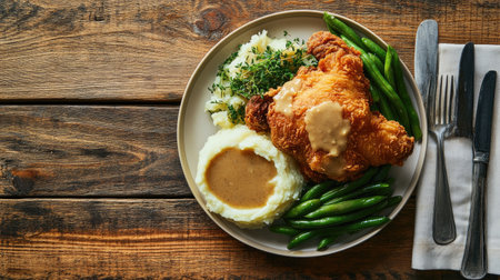 An overhead view of a hearty meal featuring fried chicken, mashed potatoes, gravy, and a side of green beans, served on a rustic wooden table.の素材