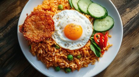 An overhead view of a serving of curry fried rice with a side of crispy fried egg, highlighting the combination of textures and flavors in a casual dining environment.の素材