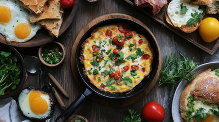 An overhead view of a breakfast spread featuring , with a focus on the small pan and its delicious contents, surrounded by additional Thai breakfast dishes.の素材