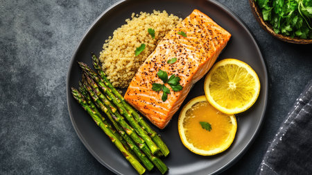 An elegant presentation of a salmon dinner with a side of quinoa, roasted asparagus, and a light citrus sauce, served on a sophisticated dining plate.の素材