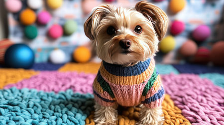 An endearing photo of a small dog wearing a cute sweater, sitting on a colorful rug with a background of Christmas decorations, capturing a festive and heartwarming scene.の素材