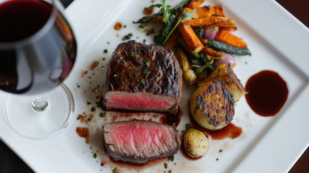 An overhead shot of a succulent steak sliced open, showing its tender pink center, accompanied by a side of roasted vegetables and a glass of red wine.の素材